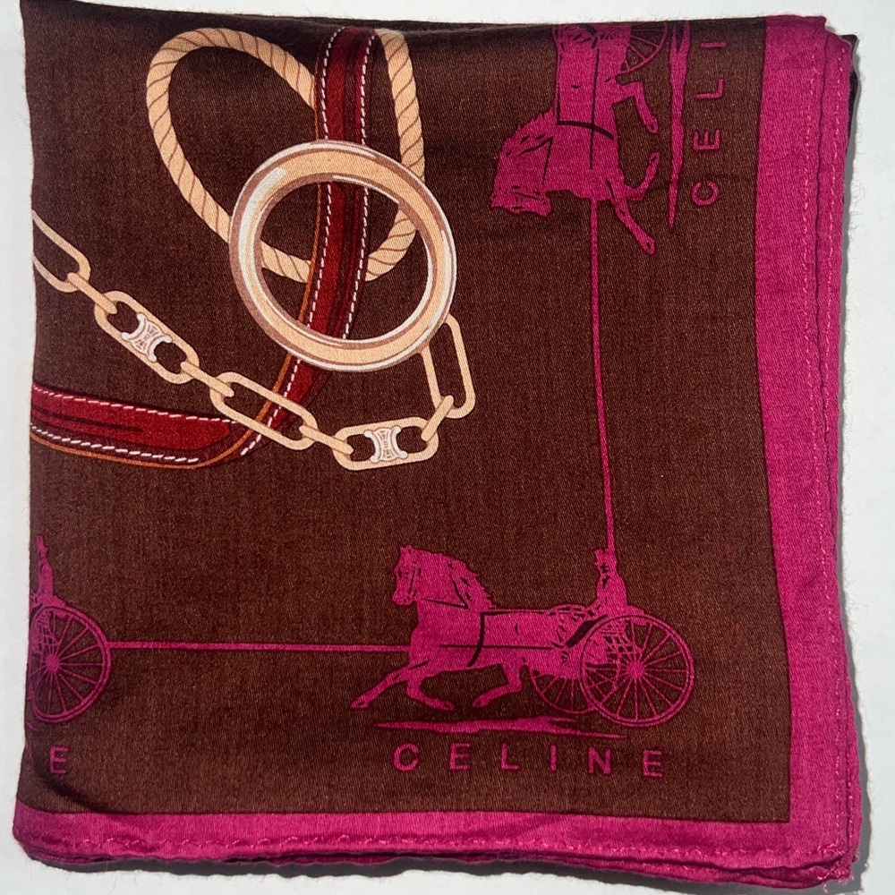 Authentic Vintage Celine Scarf Silk/Cotton Blend Brown and Pink Carriage 22”x22”